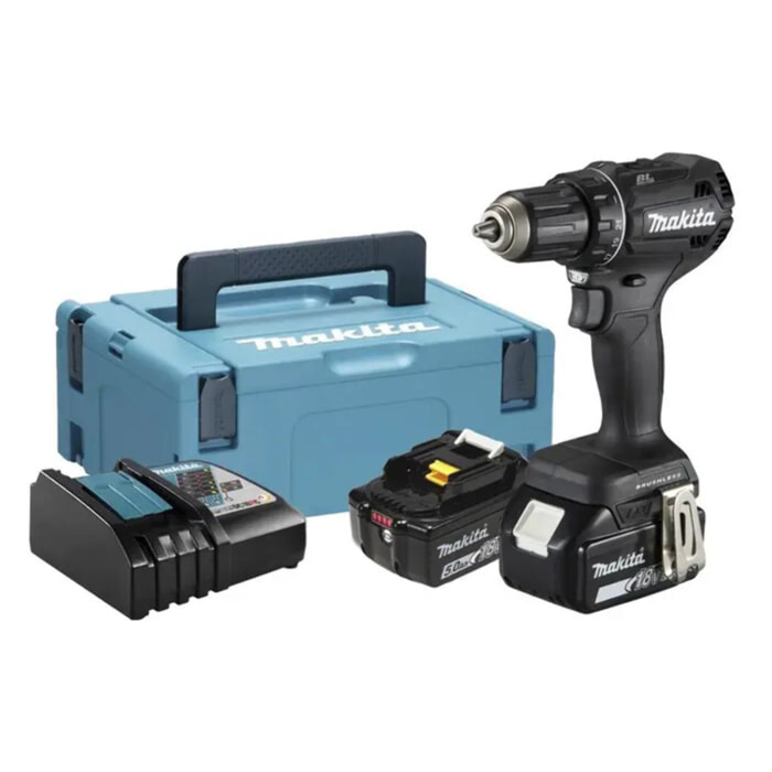 Perceuse visseuse Noire LXT 50Nm - MAKITA - avec 2 batteries 5Ah 18V - chargeur - MAKPAC - DDF485RTJB