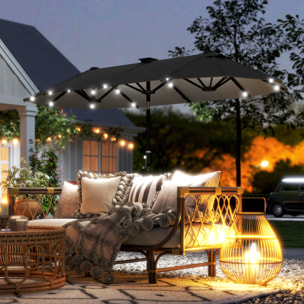 Parasol de jardin double 3 x 1,5 m éclairage solaire polyester gris