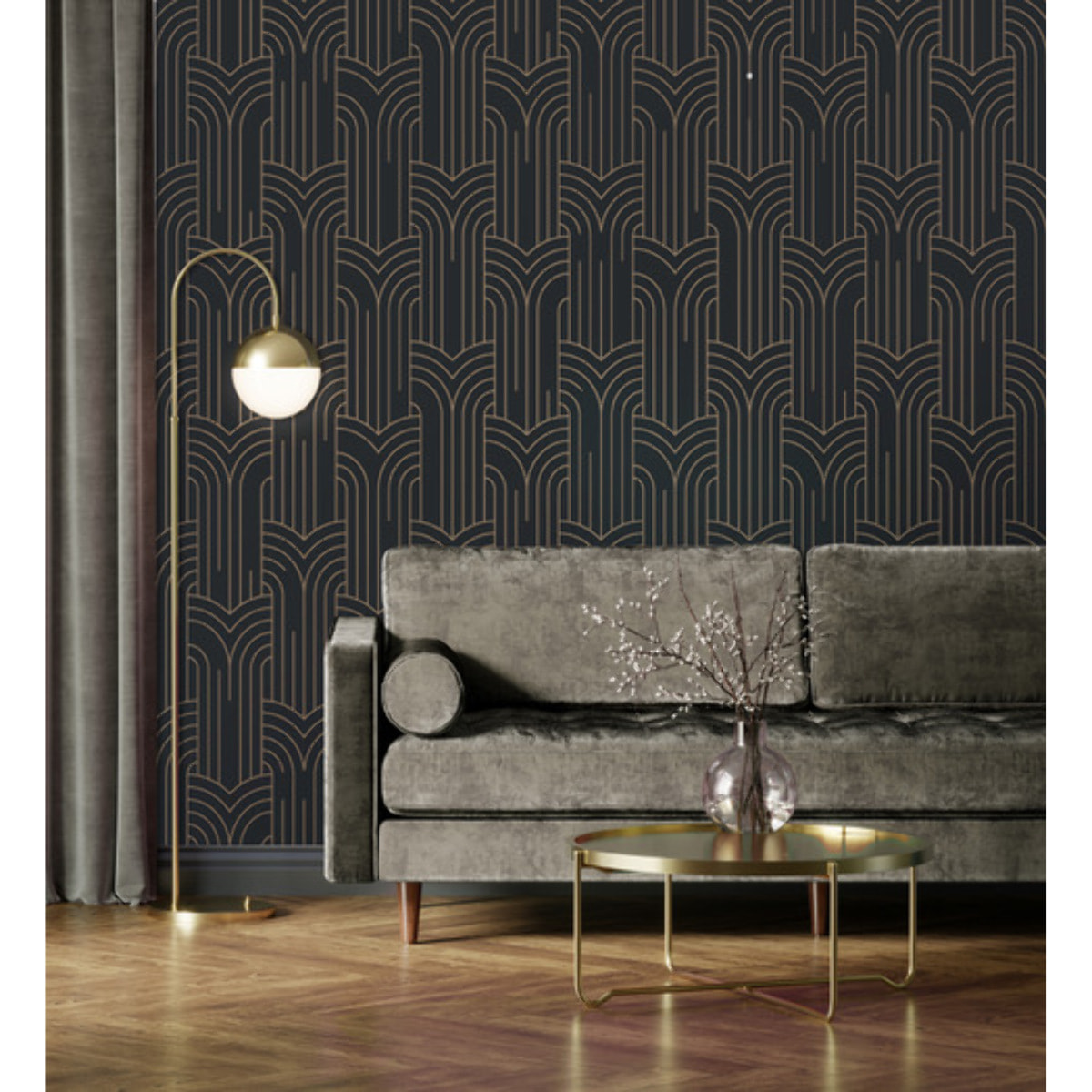 Papier peint géométrique Art Déco noir et or