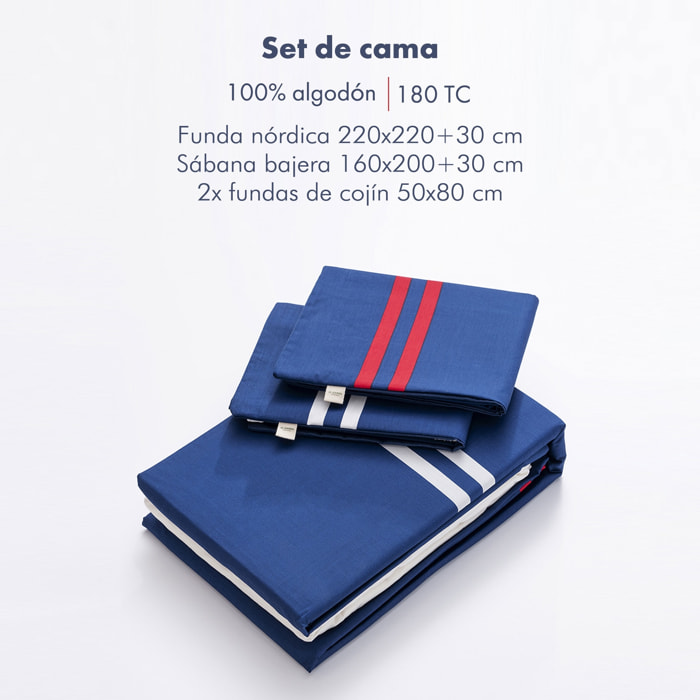 Juego de 4pzs color azul marino (funda nórdica doble + sábana bajera + 2x funda cojín) 100% algodón 180tc el ganso