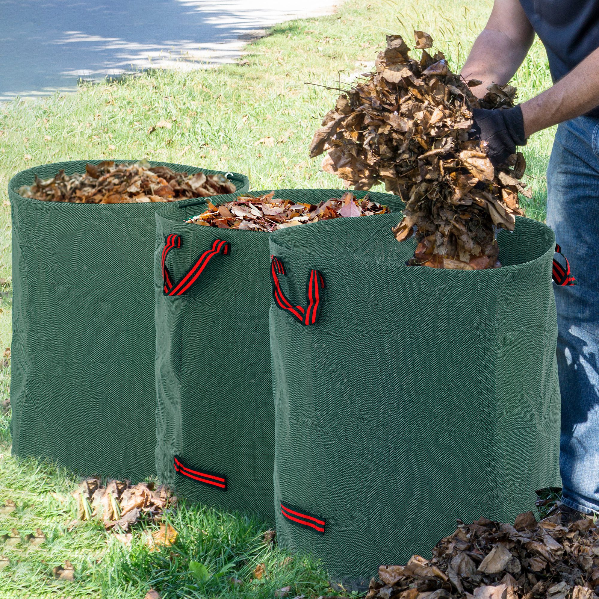 Set de 3 Bolsas de Basura de Jardín 272L Bolsas para Residuos Resistentes con Asas Reforzadas y Aros Flexibles Plegables y Reutilizables