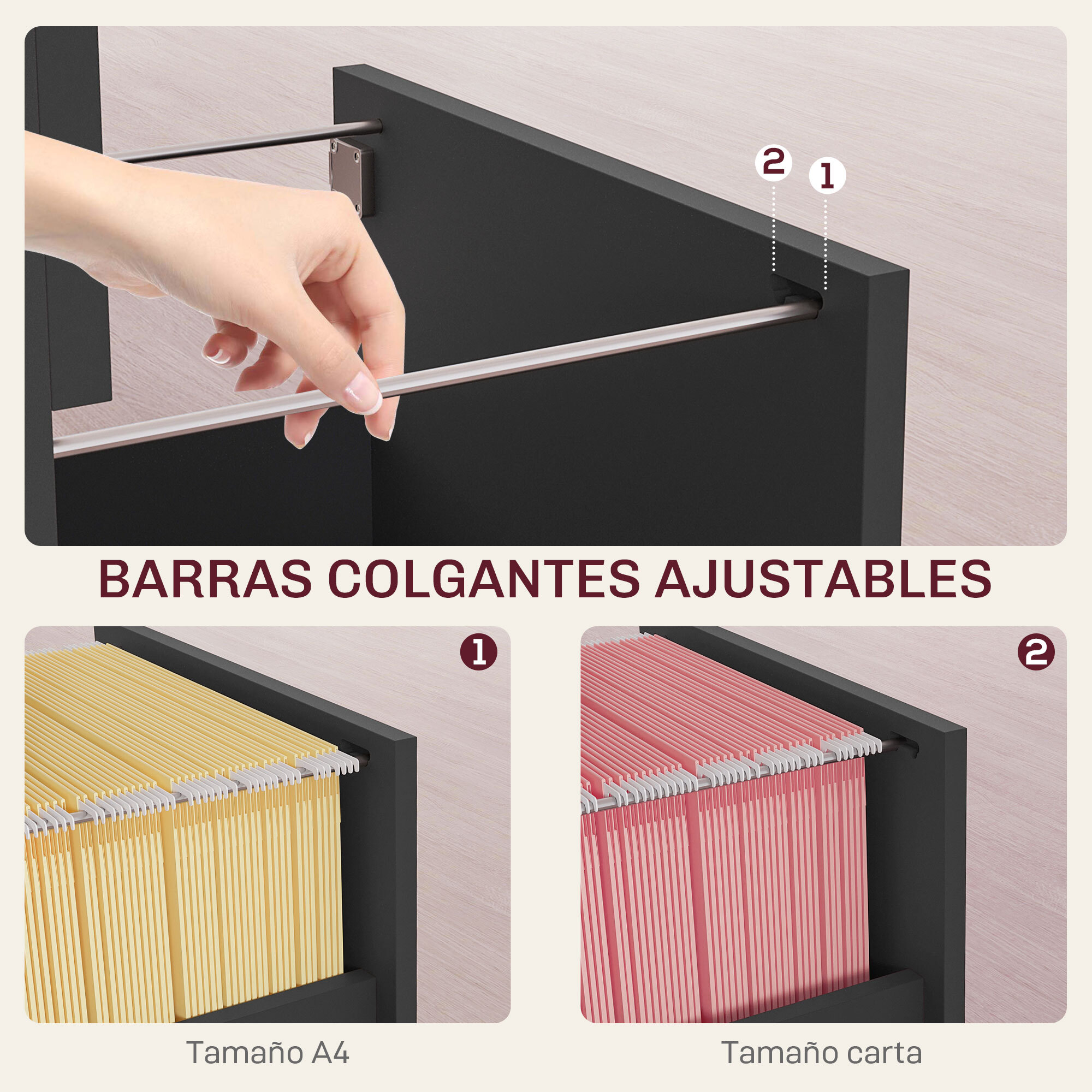 Cajonera de Oficina Mueble Archivador con 2 Cajones Cajonera para Escritorio con Cerraduras Carpetas Suspendidas para A4 y Carta 40x41,5x67,5 cm Negro