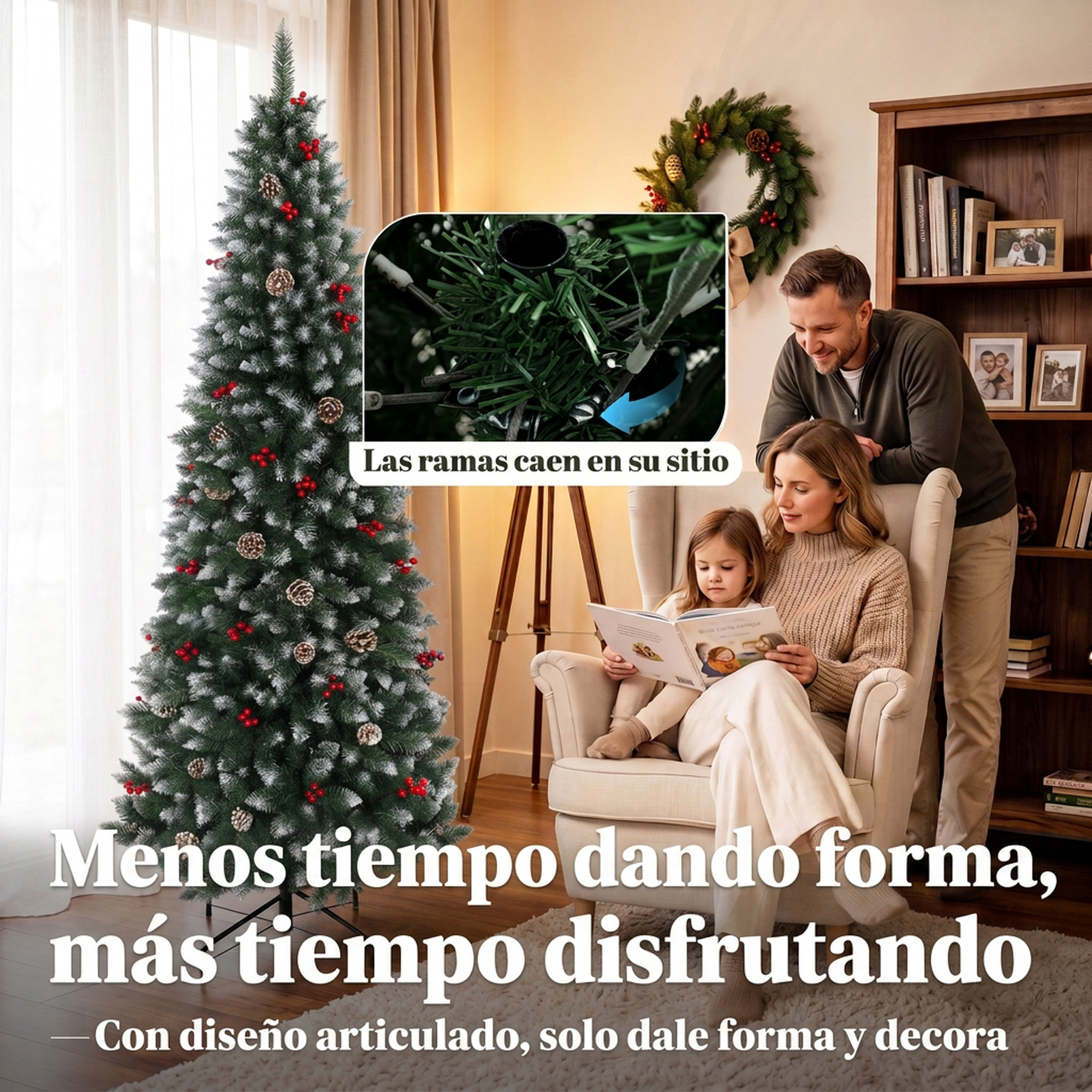 HOMCOM Árbol de Navidad Lápiz 210 cm, Árbol de Navidad Artificial Nevado con 818 Ramas, Bayas Rojas, Piñas, Base Metálica Plegable, Apertura Automática, Decoración Navideña para Salón, Interior, Verde