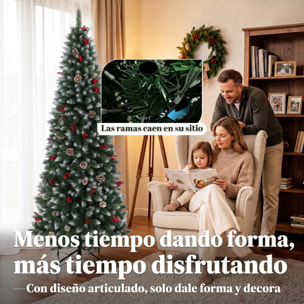 HOMCOM Árbol de Navidad Lápiz 210 cm, Árbol de Navidad Artificial Nevado con 818 Ramas, Bayas Rojas, Piñas, Base Metálica Plegable, Apertura Automática, Decoración Navideña para Salón, Interior, Verde