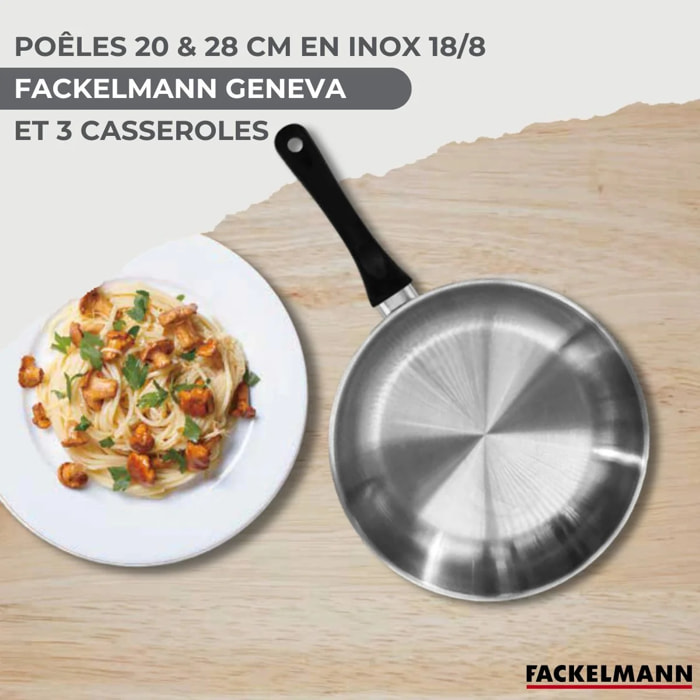 Lot de 2 Poêles et Casseroles 12/16/20 cm Fackelmann Geneva avec 5 ustensiles Vario