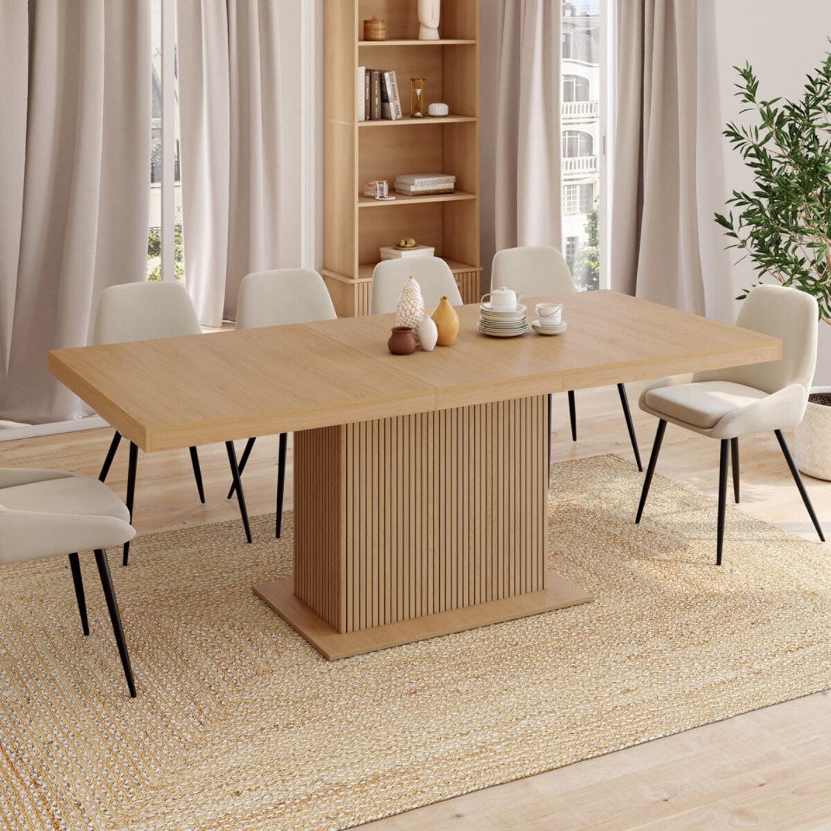 Table à manger extensible Faustine bois et pied lattes avec rangement 160-200cm