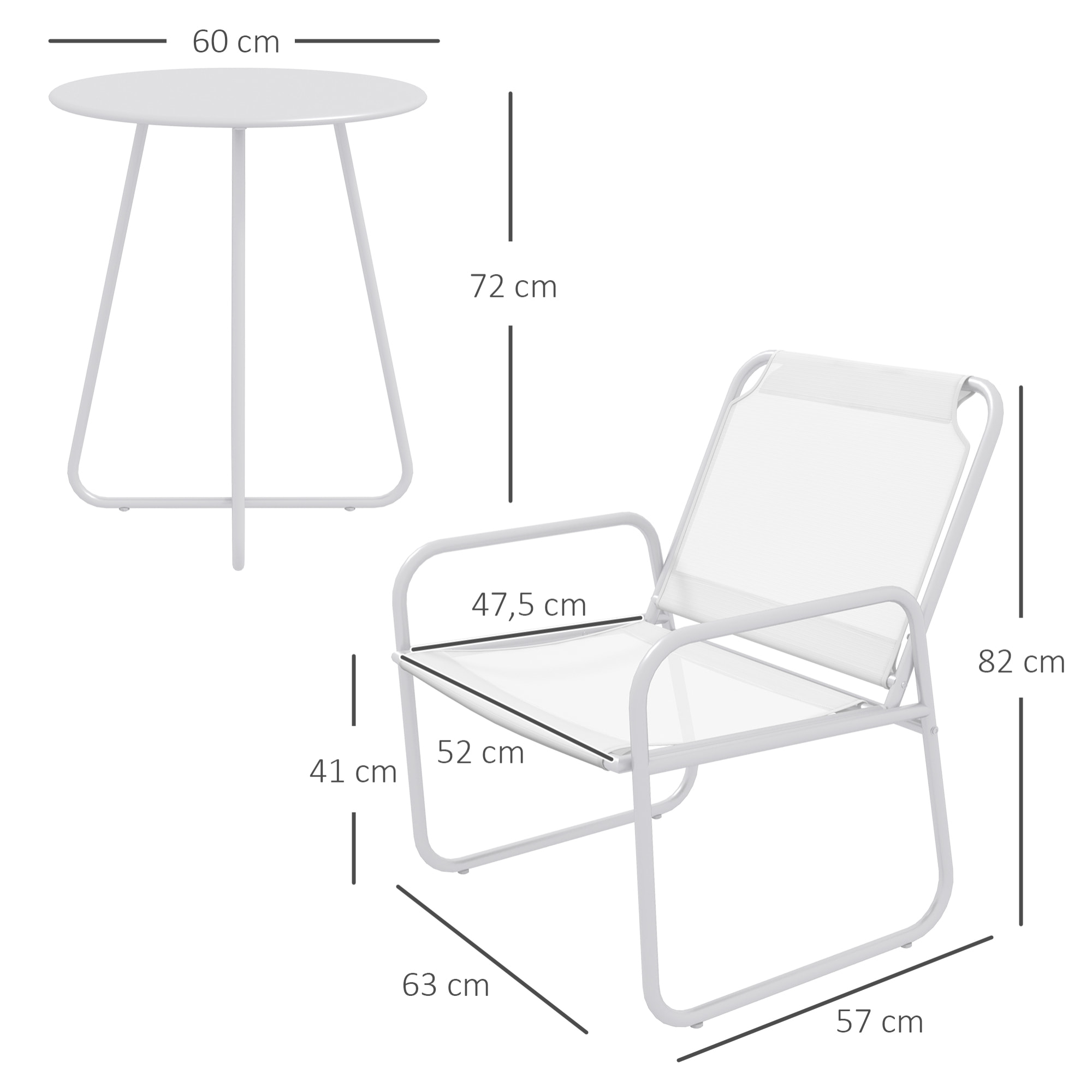 Conjunto de Muebles de Jardín Juego de 1 Mesa Redonda y 2 Sillas de Terraza con Marco de Acero Reposabrazos y Almohadillas Ajustables para los Pies para Balcón Patio Blanco