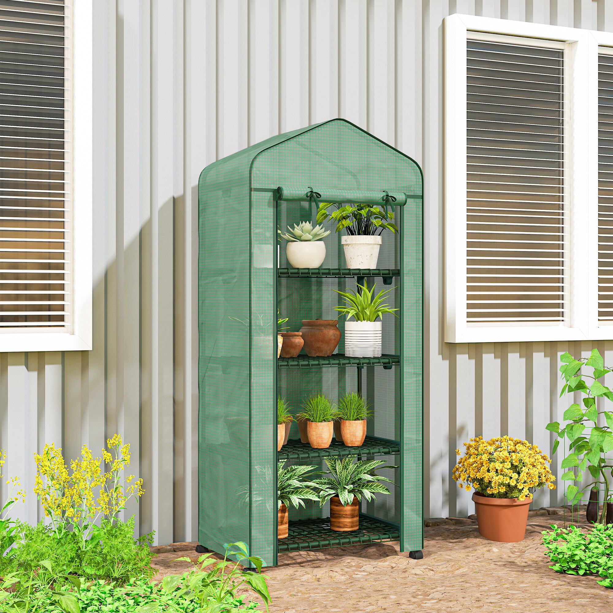 Invernadero de Exterior con 4 Estantes y Ruedas, Invernadero de Jardín con Puerta Enrollable, Marco de Acero y Cubierta PE 140g/Ã£Å½Â¡ Anti-UV, Impermeable para Terraza, Patio, 69x50x165 cm, Verde