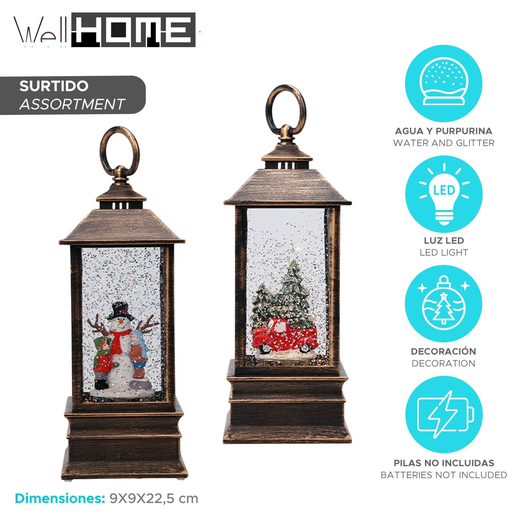 Farol decorativo navideño con agua y purpurina con luces led 9x9x22,5cm