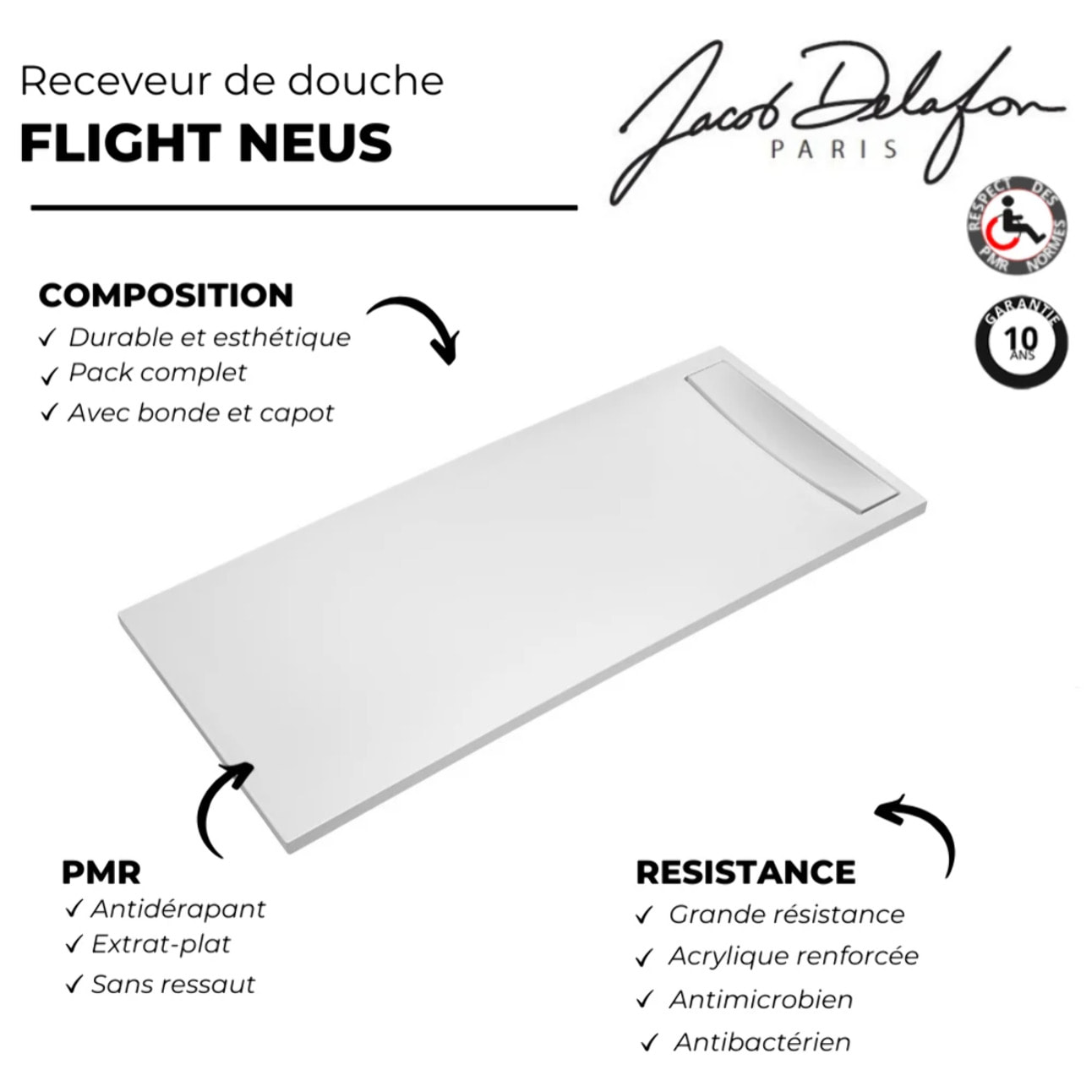 Pack receveur de douche antidérapant 150 x 80 Flight Neus rectangle blanc+Kit d'étanchéité WEDI + Bonde + Capot