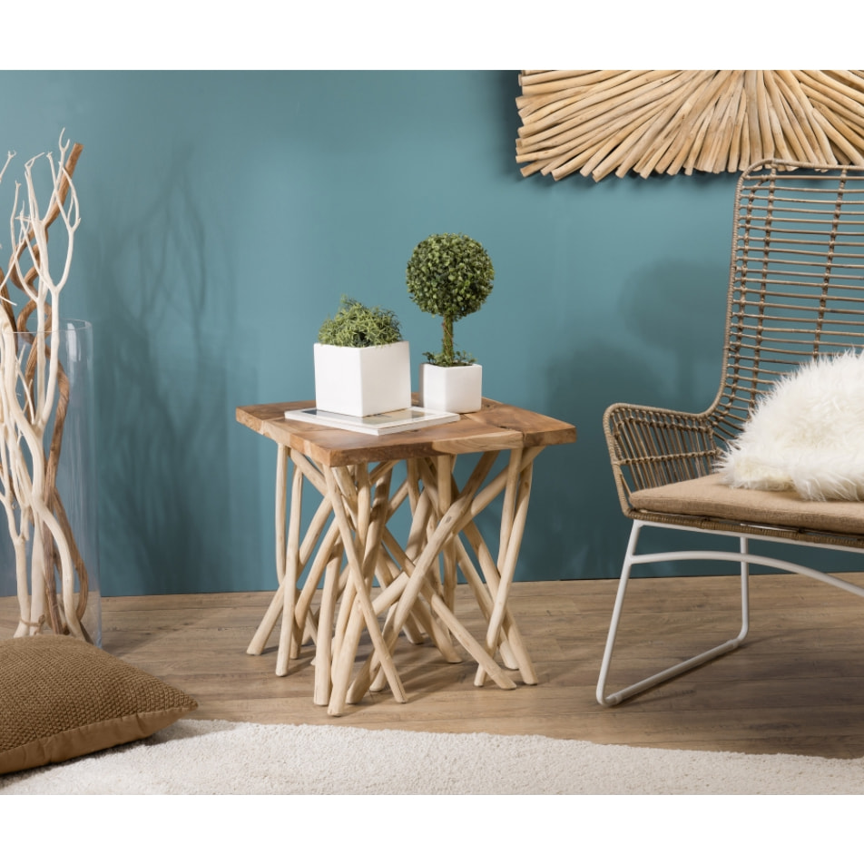 LALY - Table d'appoint nature - plateau carré 55x55cm Teck pieds bois flotté