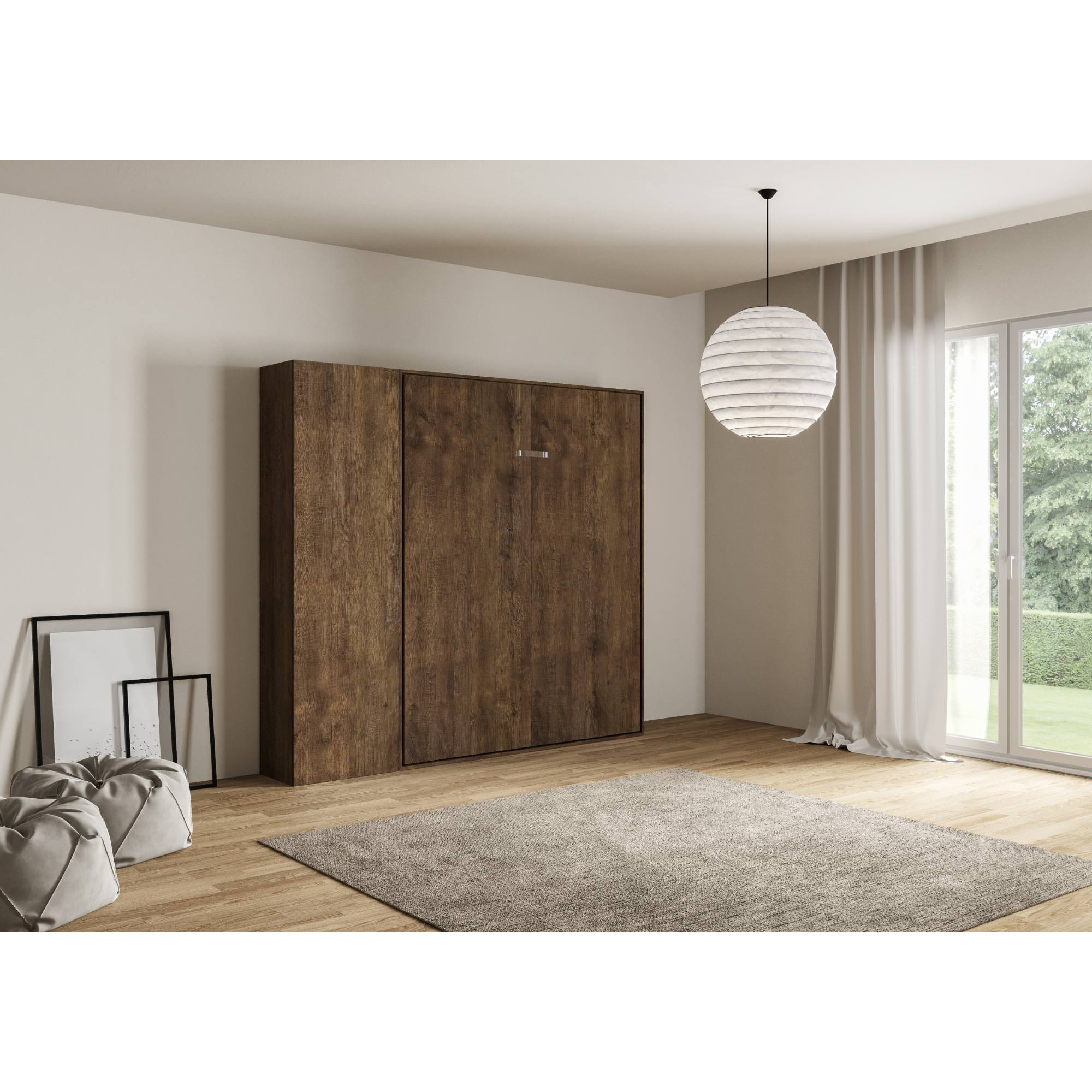 Armoire Lit escamotable vertical double 160 KENTARO Noyer avec colonne de rangement