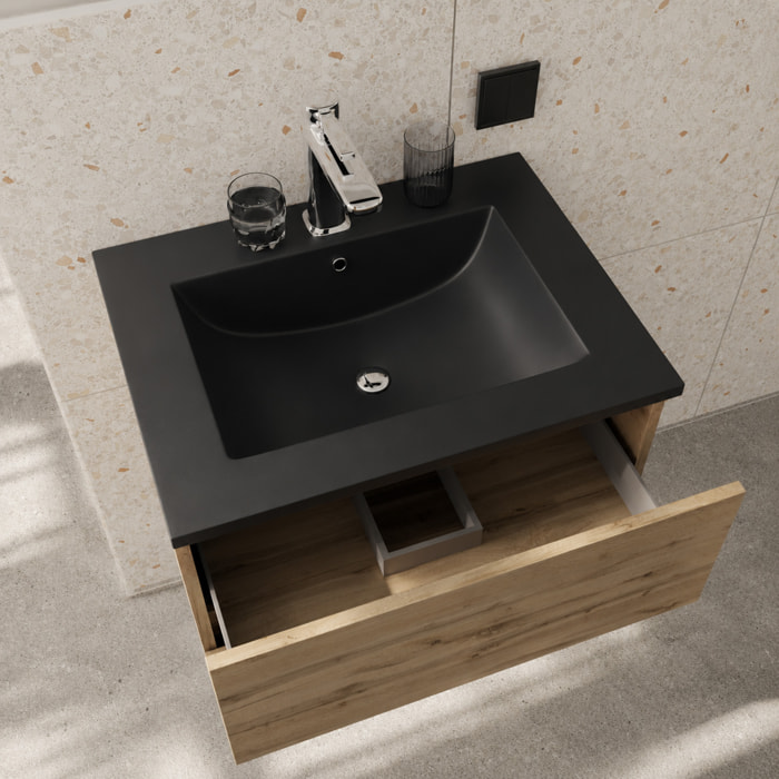 Pack Meuble Salle de Bains 50cm Chêne Naturel 3 Tiroirs, Vasque Noire et Miroir 50x70 à Cadre Noir