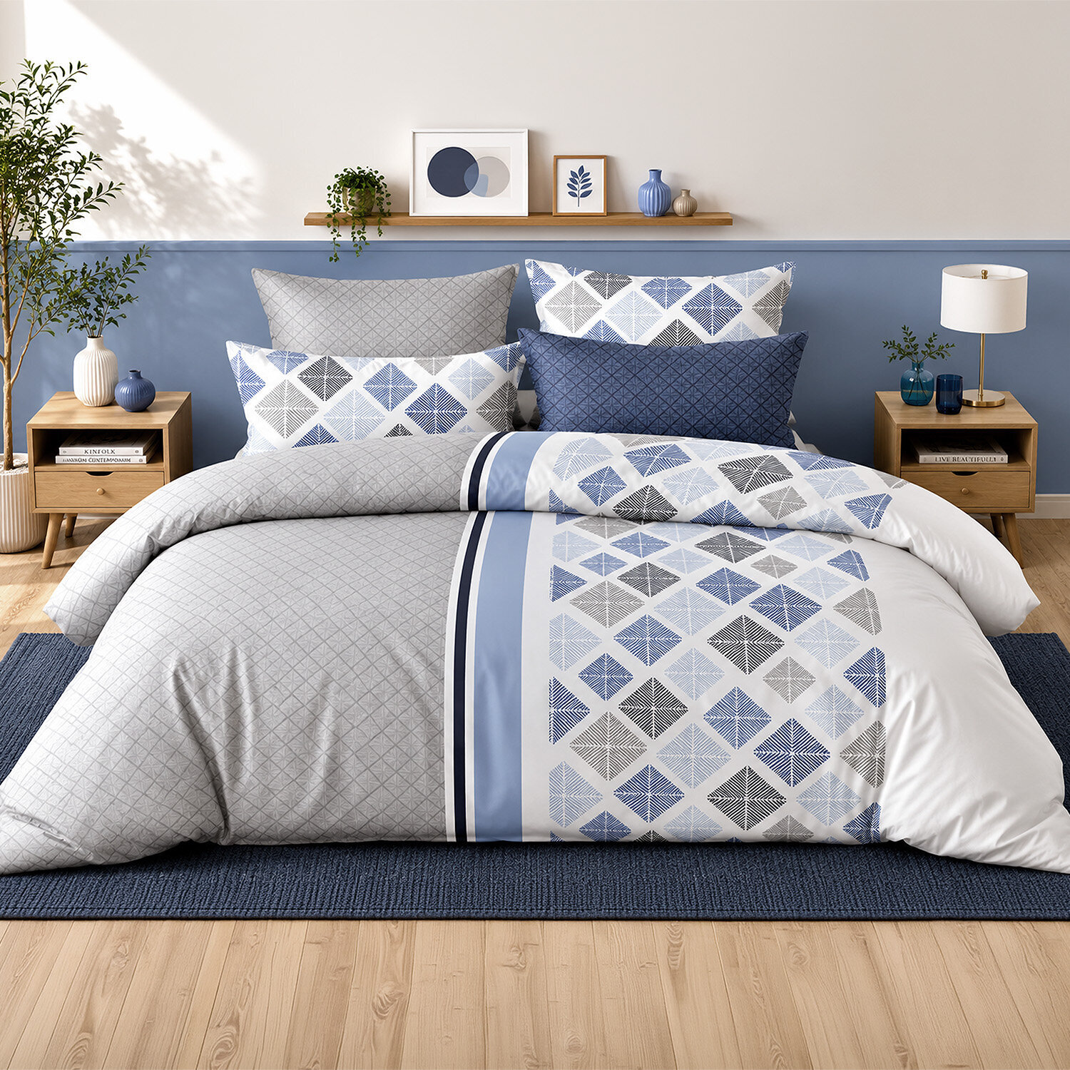 Parure housse de couette 100% percale de coton motif géométrique à losanges - BLUANCE