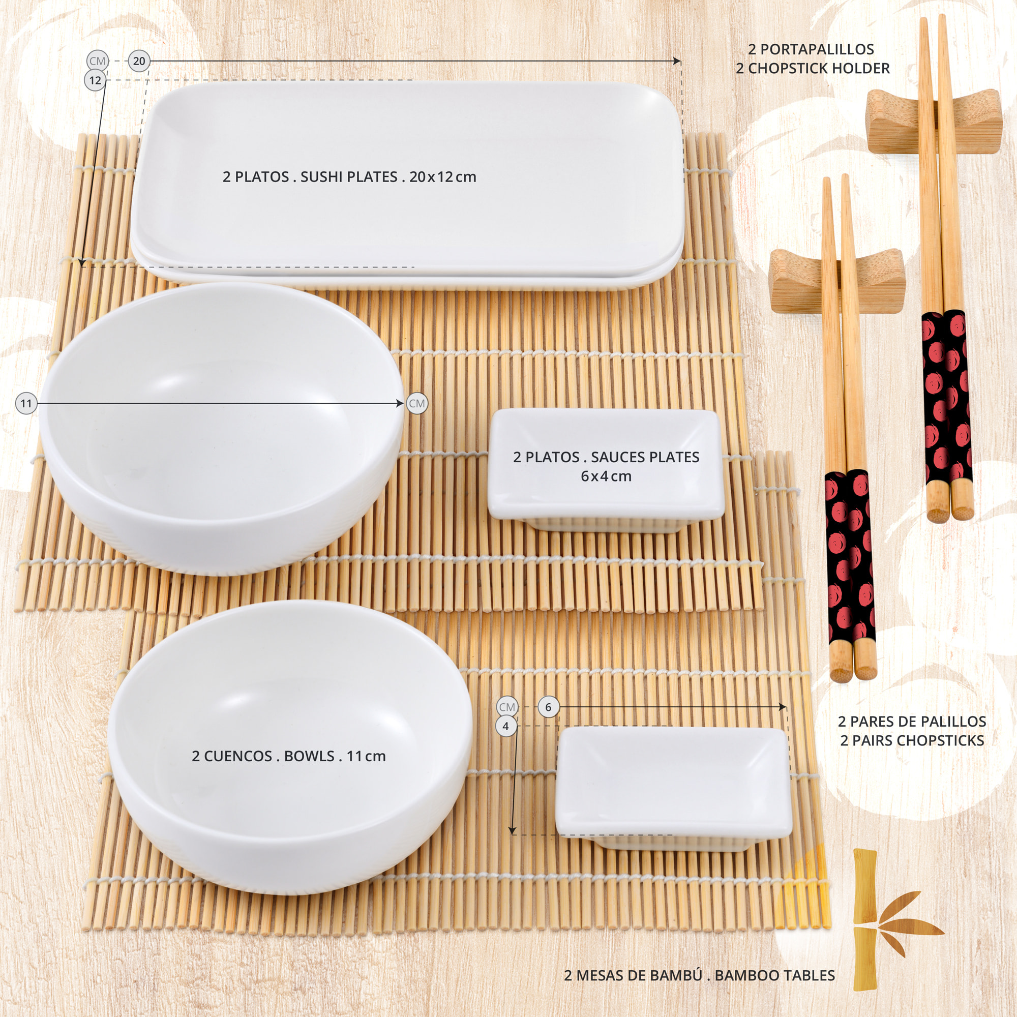 Set sushi de 12 piezas (porcelana + bambu + madera) bergner colección foodies