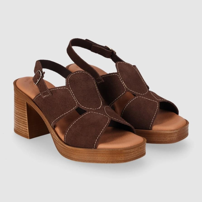 Sandalias de Serraje - Marron - Tacón: 8 cm
