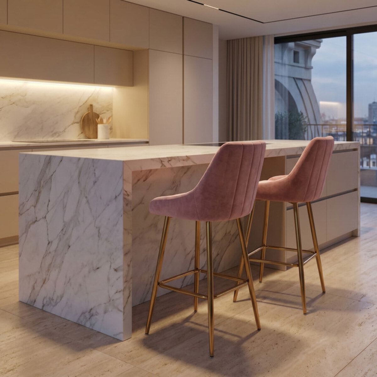 Sgabello Alto Imbottito in Effetto Velluto con Schienale e Poggiapiedi, Design Moderno per Penisola, Isola Cucina, Bancone Bar e Snack
