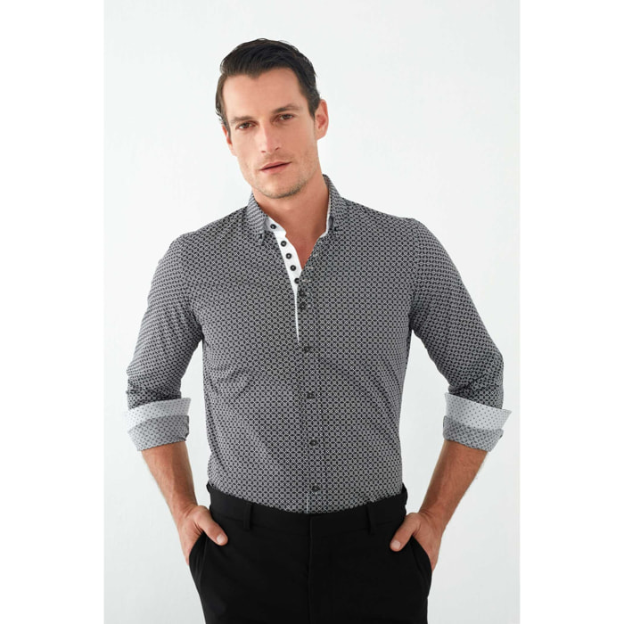 Camicia Uomo 1 Bottoni Button Down Slim Popeline Stampato Nero/Bianco
