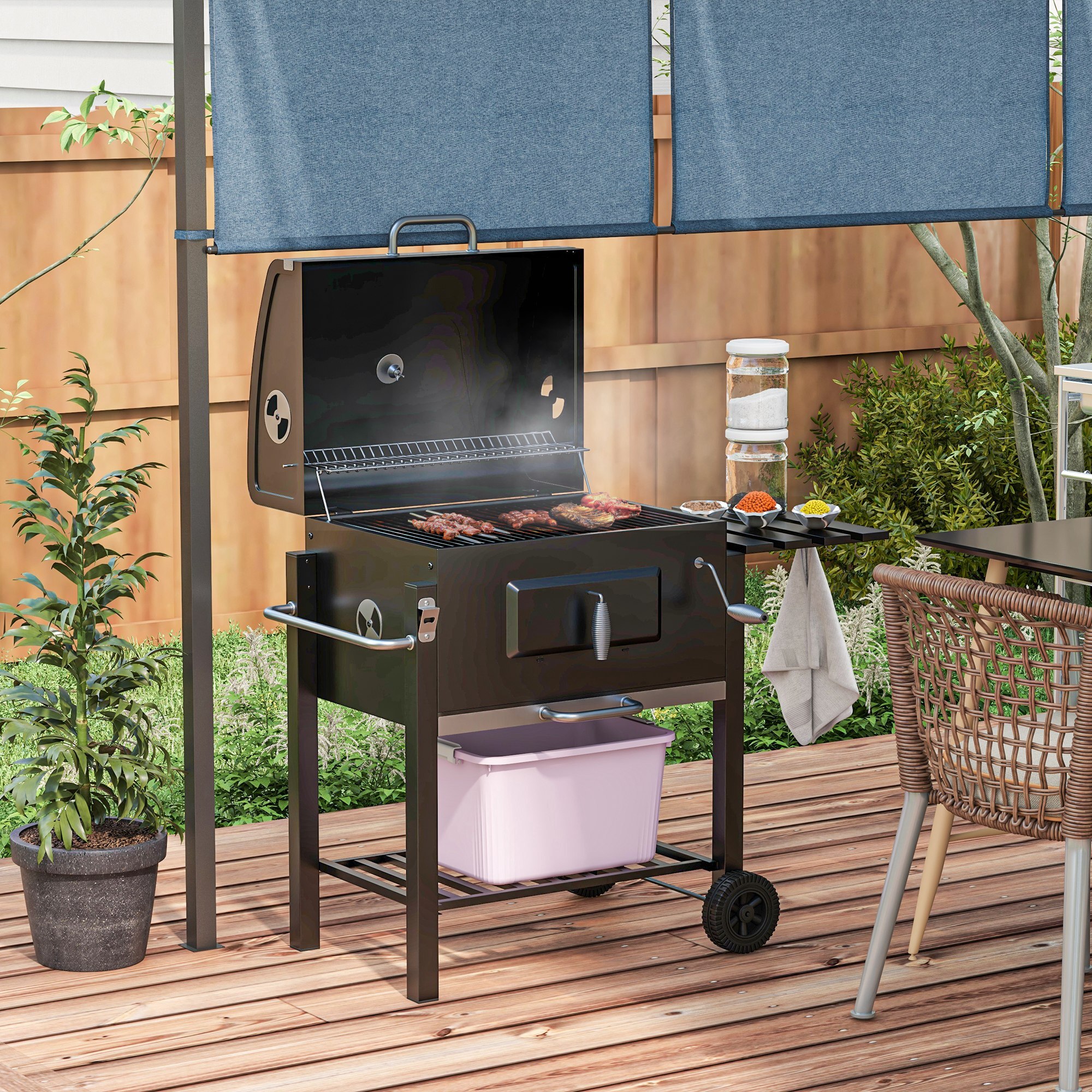 Barbacoa de Carbón con Ruedas Barbacoa con Tapa Parrillas de Acero Inoxidable Termómetro Brasero Ajustable Bandeja Lateral y Estante 113x65x108 cm Negro