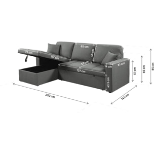 Canapé d'angle convertible/réversible style bubble "Alain" - 3 places - Gris