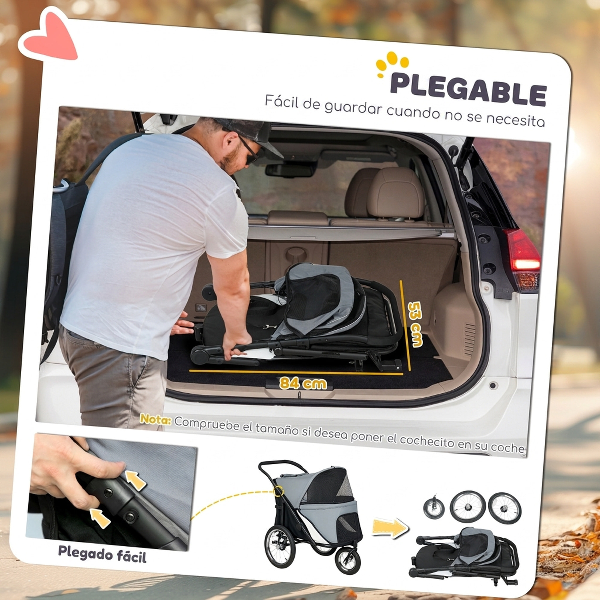 PawHut Carrito para Perros y Gatos Plegable, hasta 20 kg, Cochecito para Perros Medianos de 3 Ruedas de Goma y Frenos, con Cojín, Correa de Seguridad, Ventanas de Malla, Gris
