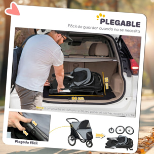 PawHut Carrito para Perros y Gatos Plegable, hasta 20 kg, Cochecito para Perros Medianos de 3 Ruedas de Goma y Frenos, con Cojín, Correa de Seguridad, Ventanas de Malla, Gris