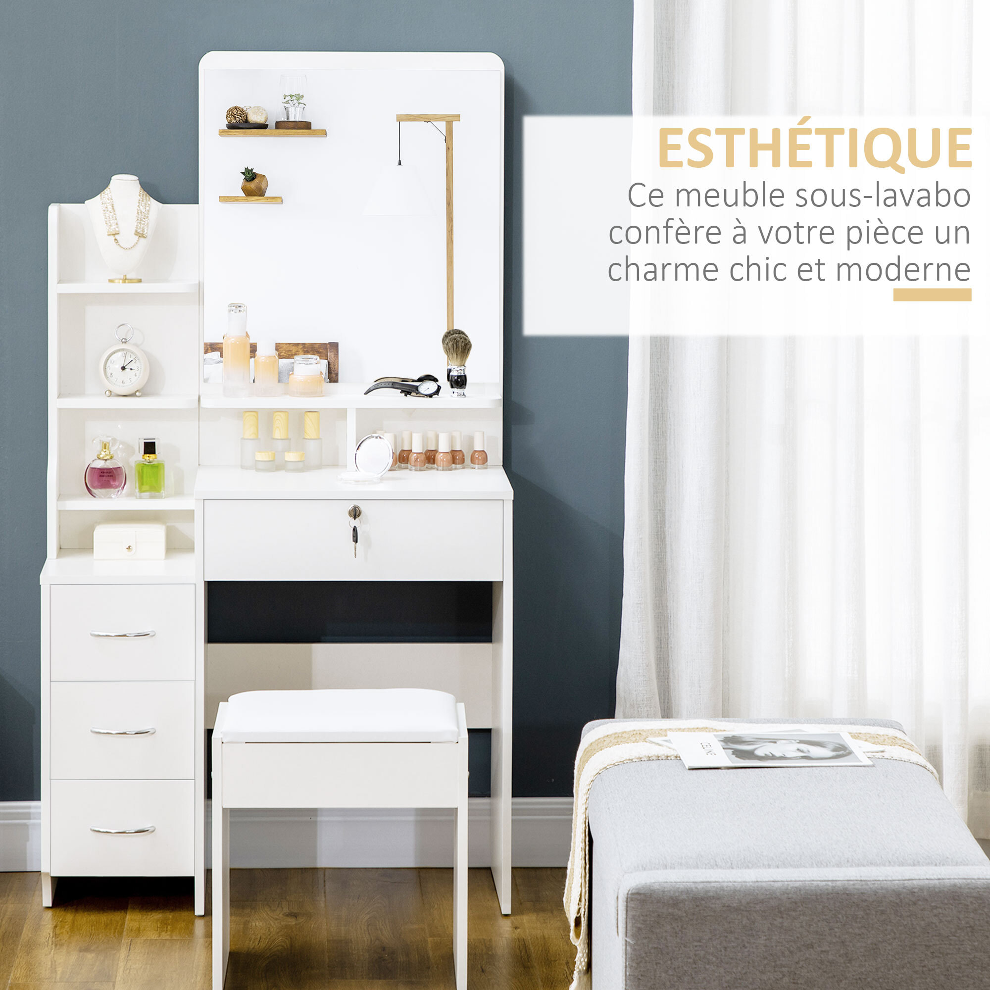 Ensemble coiffeuse tabouret design contemporain multi-rangement 4 tiroirs 4 étagères grand miroir blanc