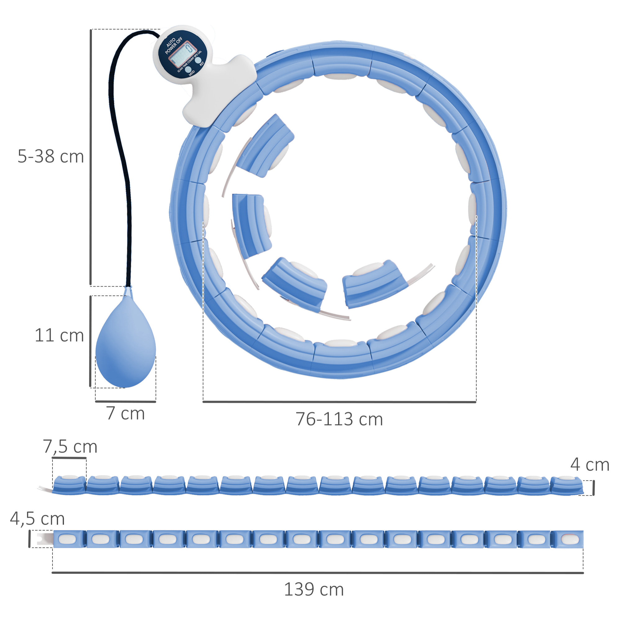 Hula Hoop fitness réglable dia. 76-113 cm - picots massage intégrés, segments amovibles - blanc bleu