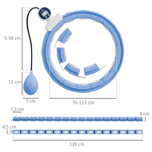 Hula Hoop fitness réglable dia. 76-113 cm - picots massage intégrés, segments amovibles - blanc bleu