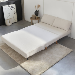 Canapé convertible en tissu bouclettes blanches- Guesta - 2 places scandinave. pieds bois foncé. banquette. dossier inclinable