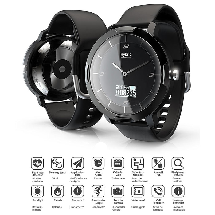 Smartwatch HD08 con meccanismo al quarzo tradizionale + display digitale e funzioni avanzate. Calotta in fibra di carbonio. Pedometro, cardiofrequenzimetro.