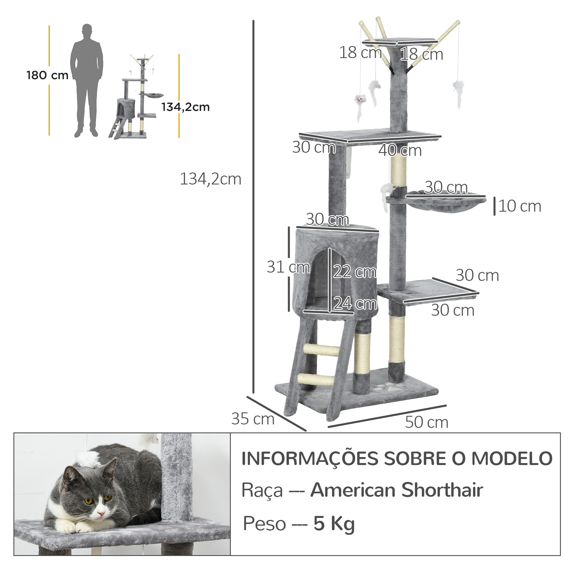 Arbre à chat multi-équipement griffoirs plateformes niche échelle hamac jouets gris