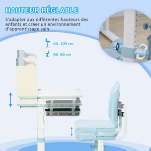Ensemble bureau chaise enfant hauteur réglable plateau inclinable nombreux rangements blanc bleu effet bois clair