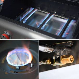 Barbecue au gaz - Bazin 3 Gris anthracite -  Cuisine extérieure 3 brûleurs + 1 feu latéral avec tablettes et thermomètre. rangement. roues