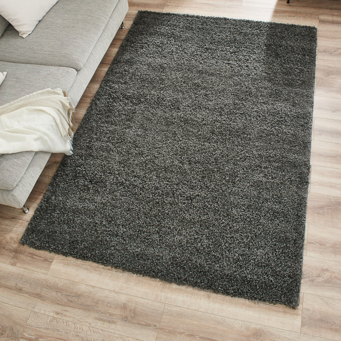 Uni - tapis de salon en laine artificielle anthracite