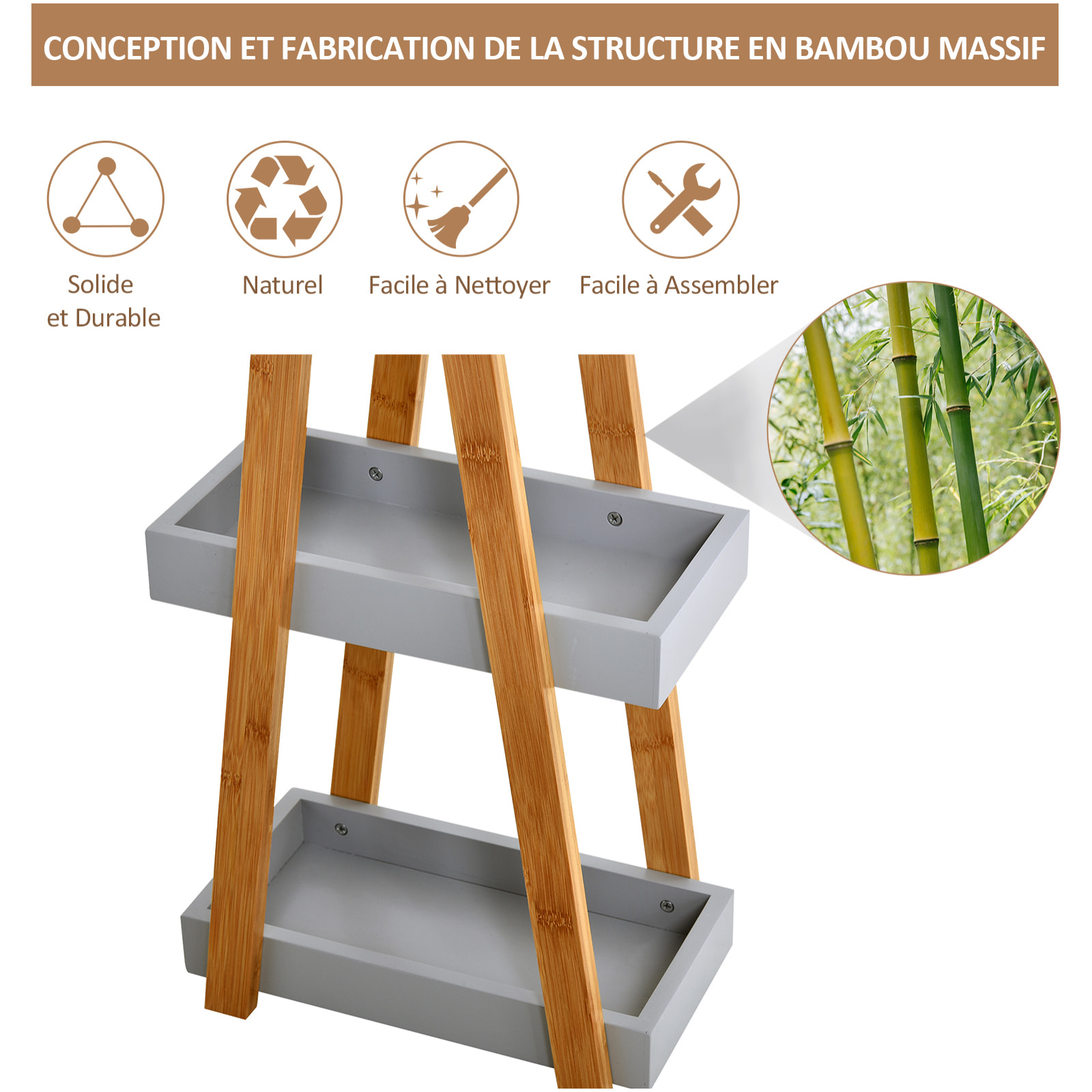 Etagère en bambou de salle de bain étagère debout 3 paniers dim. 30L x 18l x 81H cm bambou MDF gris