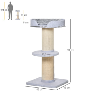 Árbol Rascador para Gatos Altura 91 cm Árbol para Gatos Torre para Gatos de 3 Niveles con Nido Plataforma y Poste de Sisal 45x45x91 cm Azul Claro