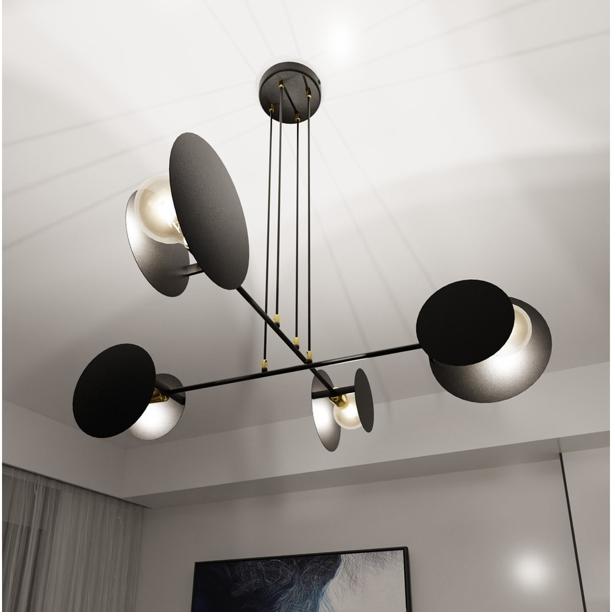 Lampada a sospensione Idea con cerchi geometrici in acciaio nero opaco