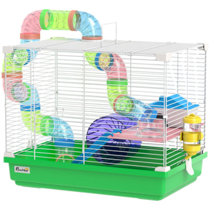 Cage à hamster 2 niveaux avec poignée - avec tunnel, biberon eau, roue, maisonnette, échelles - vert