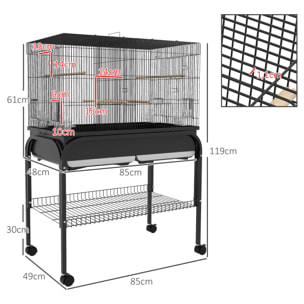 Grande cage oiseaux - cage perroquet - grande volière sur roulettes - étagère, plateaux coulissants, accessoires - noir