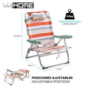 Silla plegable reclinable con almohada 64x63x32/82cm aluminio anodizado, rayas rojas, tejido 600x300d hasta 110kg