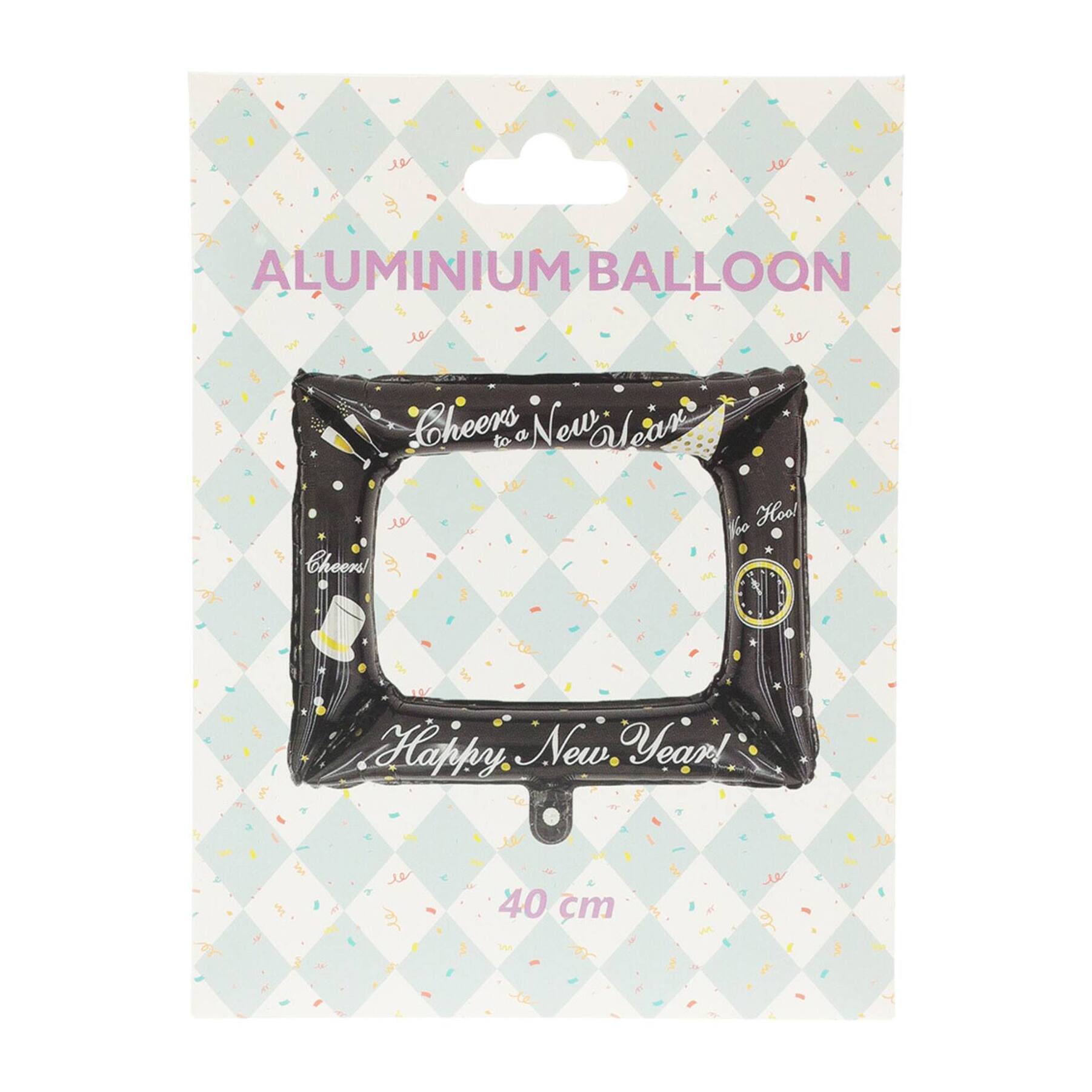 Set de globos para año nuevo - marco 40cm, banner 55cm, champagne 83cm y orbe 35cm