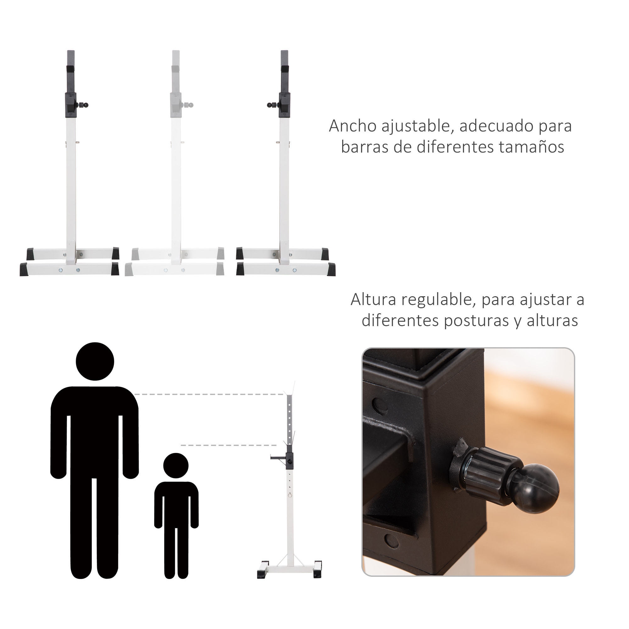 Soporte para Barras de Pesas Ajustable Estante de Acero para Levantamiento de Pesas Carga Máx. 150 kg Entrenamiento en Gimnasio Hogar 52x48x105-160 cm Blanco