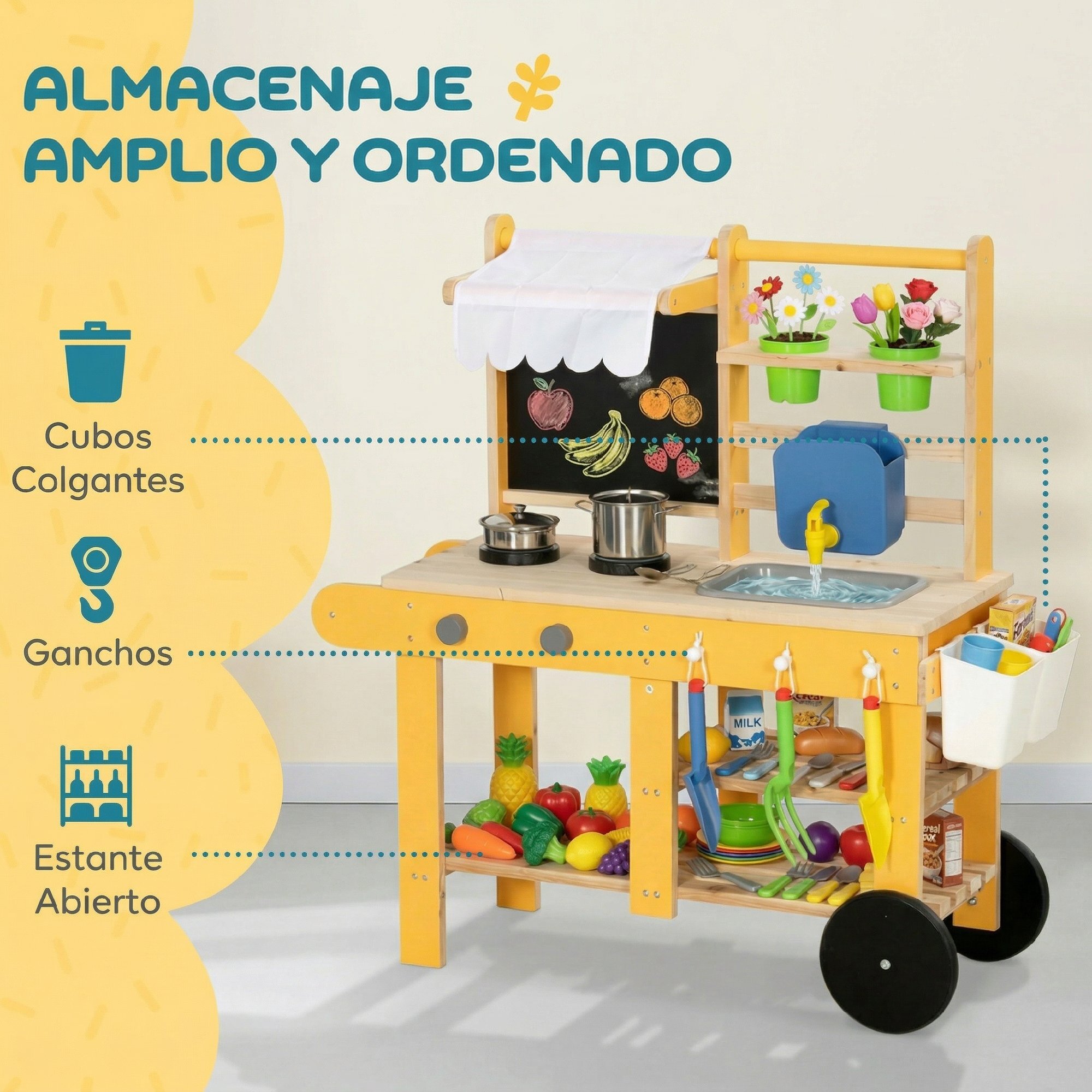 Cocina de Juguete Exterior con Ruedas, Cocinita Infantil de Madera con Agua Real, Fregadero, Estufas, Estantes, Macetas, Pizarra y 15 Accesorios, 84,2x34,4x90 cm, Amarillo