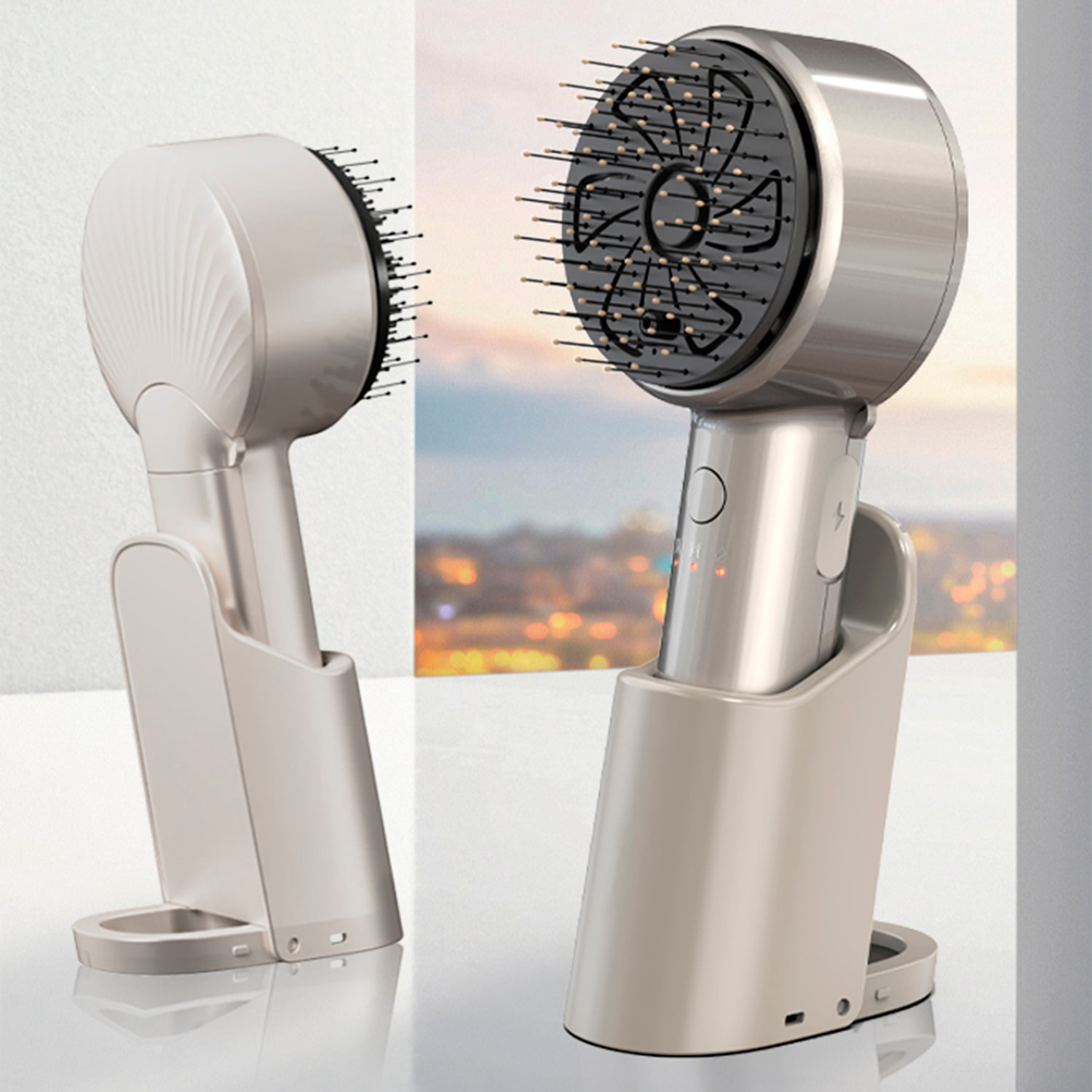 Pettine atomizzatore con massaggio a due velocità e base.