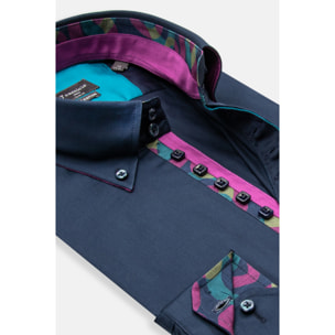 Camicia Uomo 2 Bottoni Button Down Slim Satin Unito Blu
