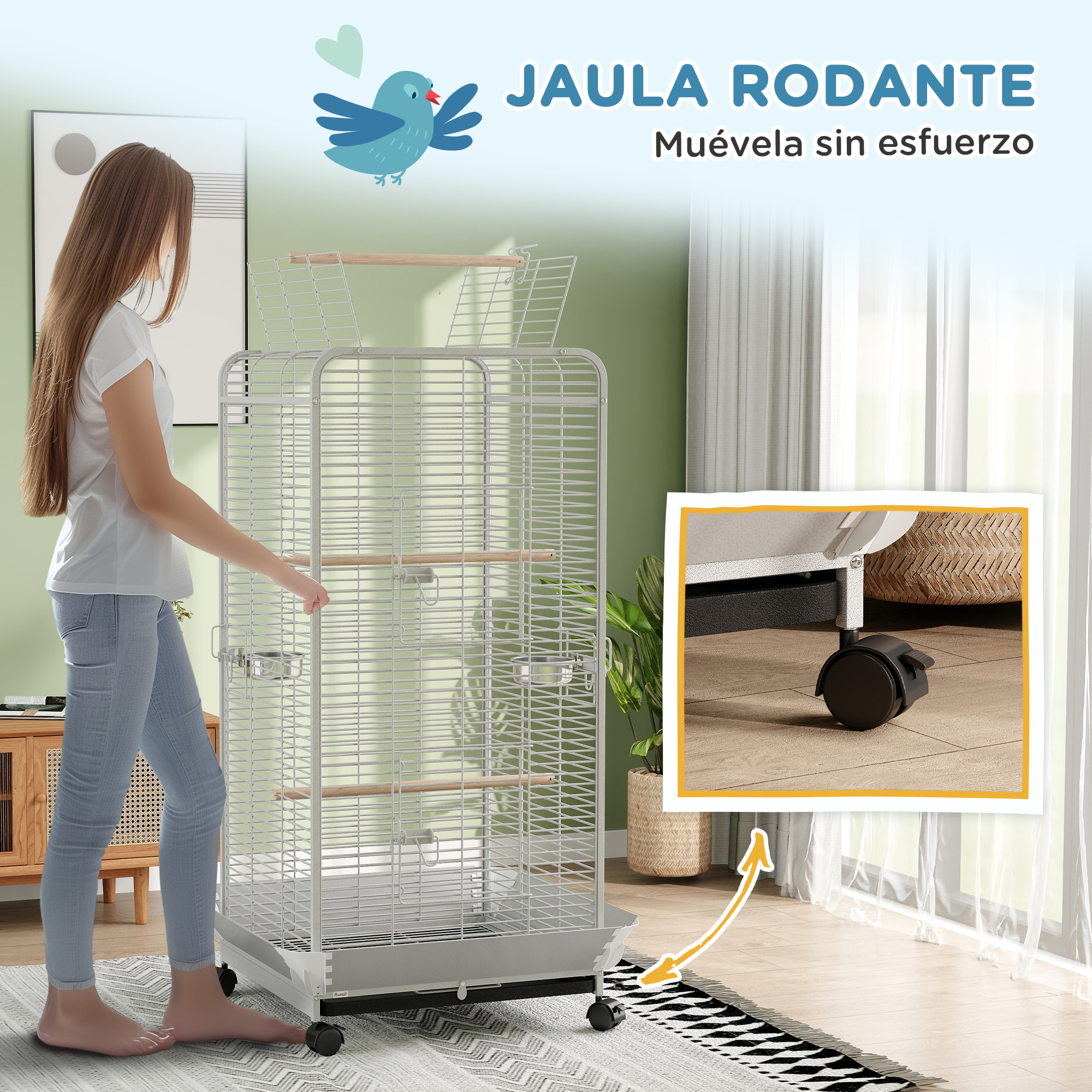 Jaula para Pájaros Jaula para Loros con Ruedas Perchas Comederos y Bandeja Extraíble Pajarera para Cacatúas Cotorras 79x73x146 cm Gris Claro