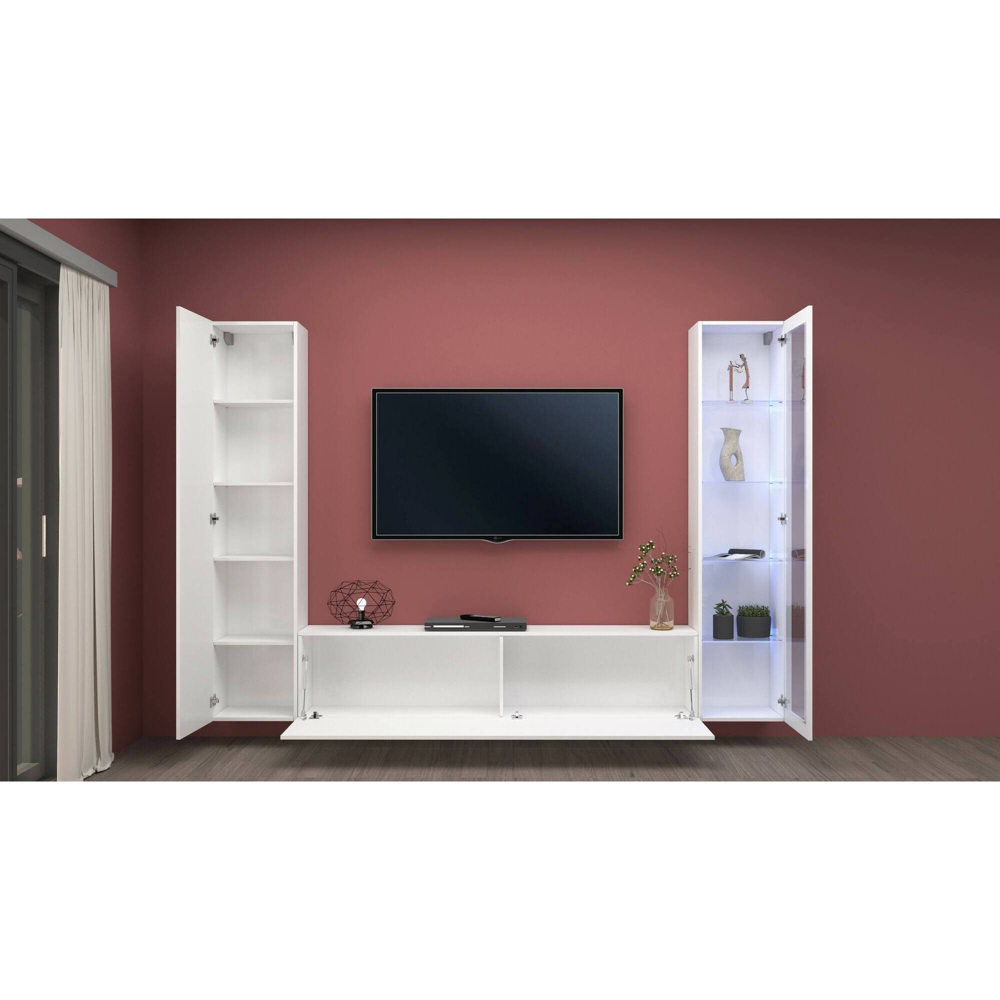 Parete attrezzata Girolamo, Set salotto porta TV a 3 ante, Mobile soggiorno multiuso con vetrina e luce LED, 100% Made in Italy, cm 260x30h180, Bianco lucido