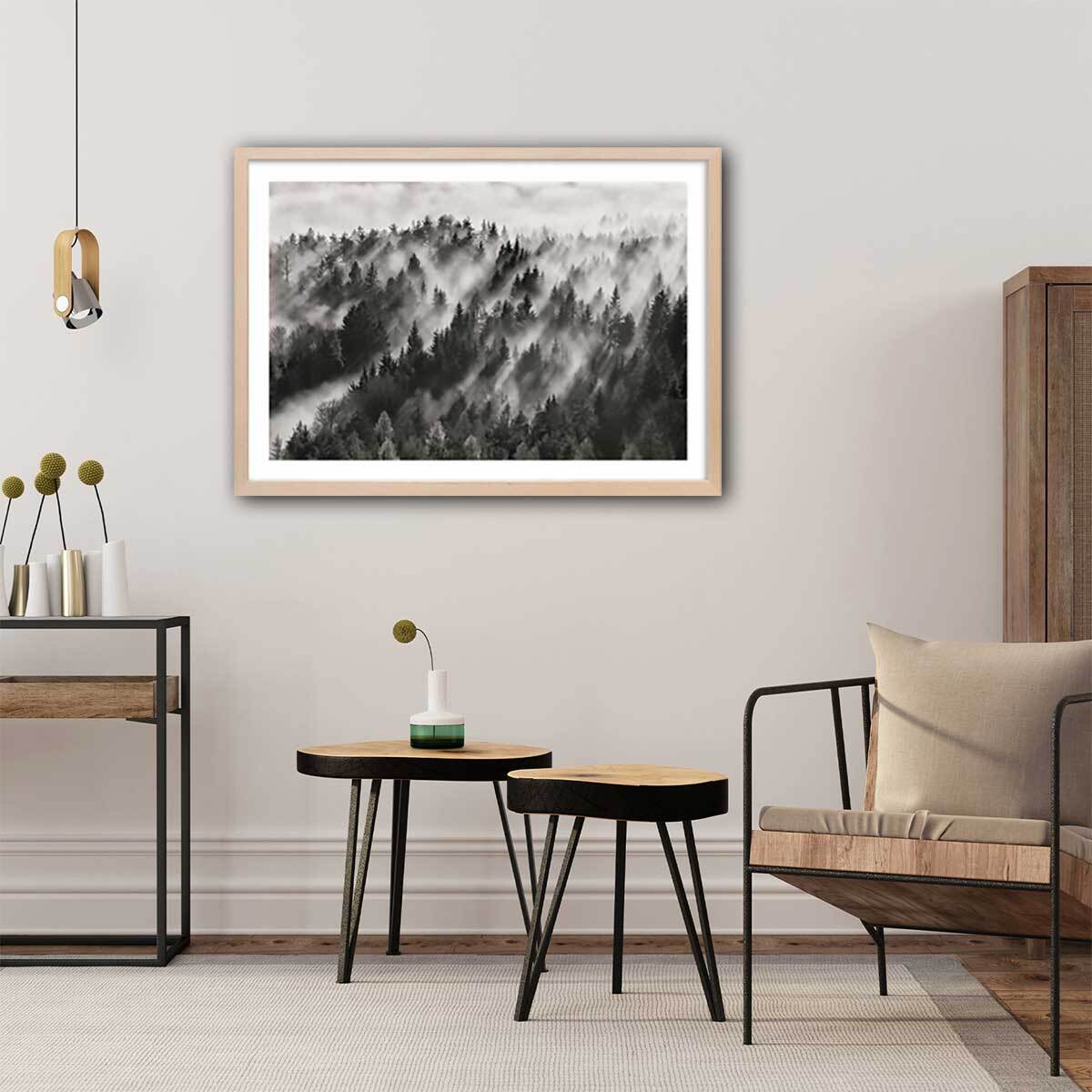 Affiche paysage rayons de lumière Affiche + cadre en bois - Chêne