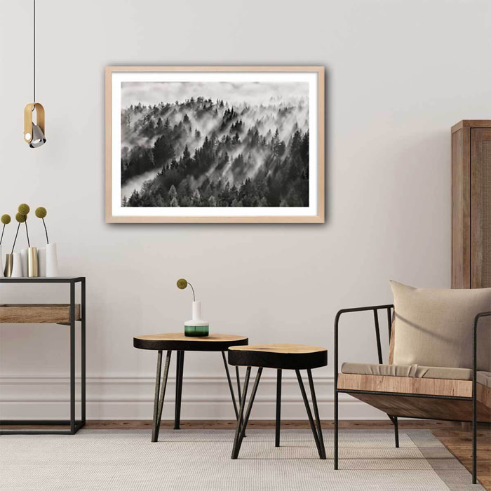 Affiche paysage rayons de lumière Affiche + cadre en bois - Chêne